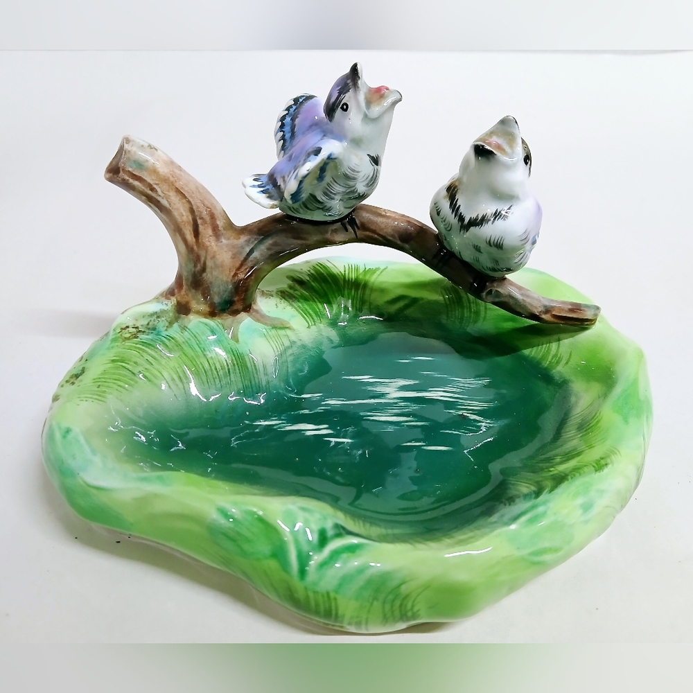 Charming Ceramic Bird Trinket Dish with Blue Birds Vintage